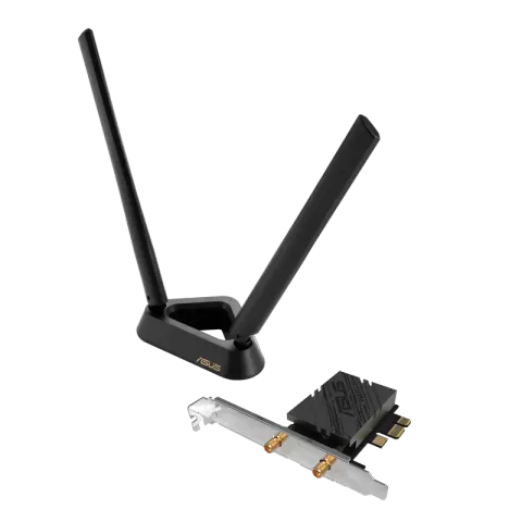 ASUS PCE-BE92BT Wi-Fi 7 PCIe card with its magnetic two-antenna base