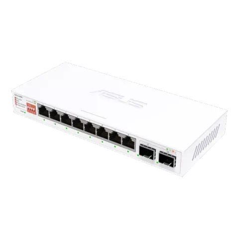 ASUS QG-U1080 switch, white case with eight Ethernet ports and two SFP+ ports, front angle view