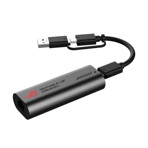 ASUS ROG USB-C10G 10 Gbps Ethernet adapter with a split USB-C and USB-A cable