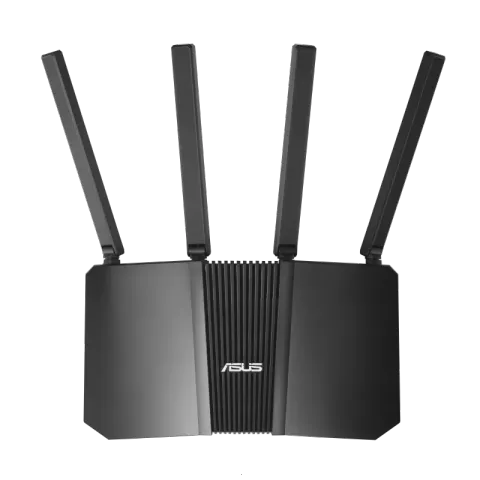 ASUS RT-BE55 Wi-Fi 7 router with four antennas raised, front view