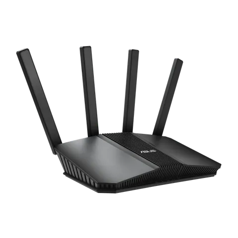 ASUS RT-BE58U Wi-Fi 7 router, front angle view with four antennas raised