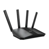 ASUS RT-BE58U Wi-Fi 7 router, front angle view with four antennas raised