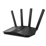 ASUS RT-BE59 Wi-Fi 7 router with four antennas raised and status lights on, angled view