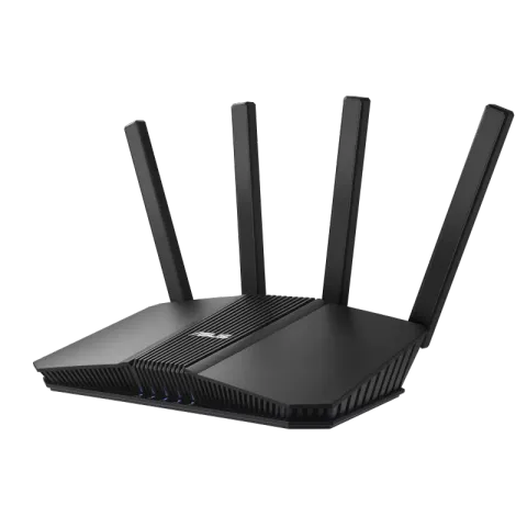 ASUS RT-BE59 Wi-Fi 7 router with four antennas raised and status lights on, angled view