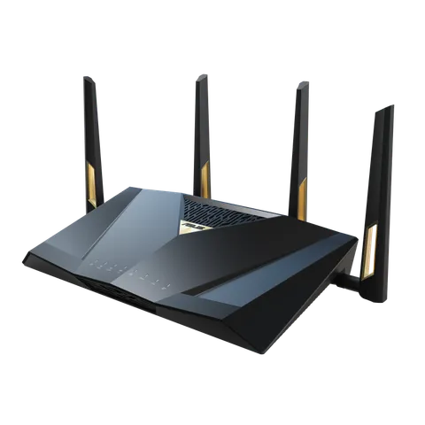 ASUS RT-BE88U Wi-Fi 7 router, front-left angle view with four antennas raised