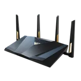 ASUS RT-BE88U Wi-Fi 7 router, front-left angle view with four antennas raised