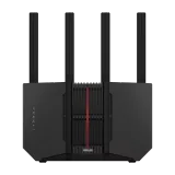 ASUS RT-BE92U Wi-Fi 7 router, black with a red centre stripe and four antennas, front view