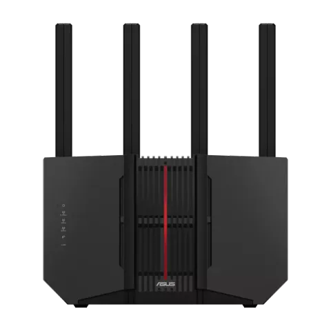 ASUS RT-BE92U Wi-Fi 7 router, black with a red centre stripe and four antennas, front view