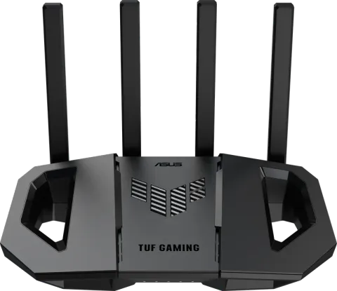 ASUS TUF Gaming BE3600 Wi-Fi 7 router, black body with four antennas, front view