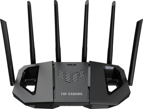 ASUS TUF Gaming BE6500 Wi-Fi 7 router, black body with six antennas, front view