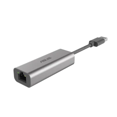 ASUS USB-C2500 2.5 Gbps USB Ethernet adapter, grey body with attached USB cable