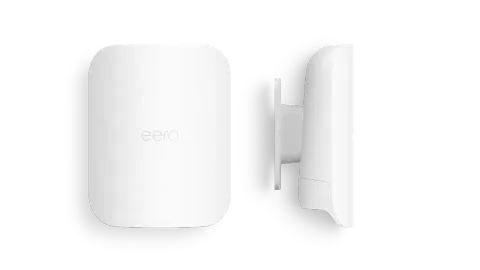 eero Outdoor 7 Wi-Fi 7 outdoor unit, white weatherproof body shown from the front and from the side on its wall mount