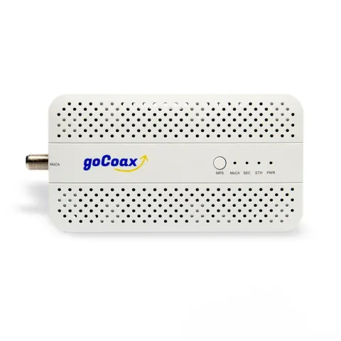 goCoax MA2500D MoCA 2.5 adapter, white perforated body with coax connector, top view