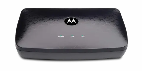 Motorola MM1025 MoCA 2.5 adapter, black low-profile body with power, LAN and link lights