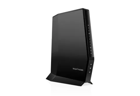 NETGEAR Nighthawk CAX30S cable modem router, black upright unit on a stand, front angle view