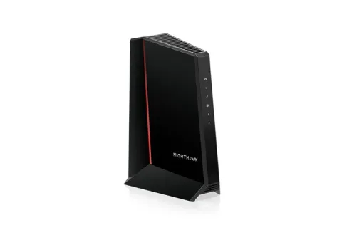 NETGEAR Nighthawk CM2500 cable modem, black upright body, front angle view