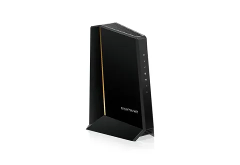 NETGEAR Nighthawk CM3000 cable modem, black upright body, front angle view