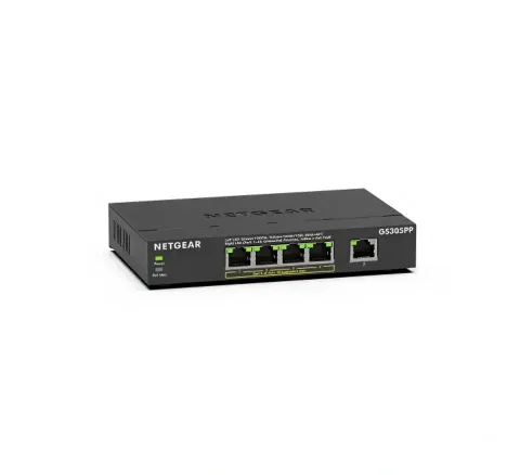 NETGEAR GS305PPv3 five-port PoE+ switch, black metal case, front angle view