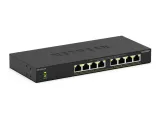 NETGEAR GS308LP eight-port PoE+ switch, black metal case, front angle view