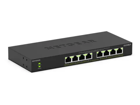 NETGEAR GS308LP eight-port PoE+ switch, black metal case, front angle view