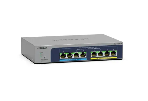 NETGEAR MS108EUP eight-port multi-gig PoE++ switch, grey metal case, front angle view