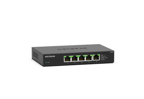 NETGEAR MS305 five-port multi-gig switch, black metal case, front angle view