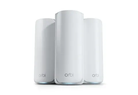 NETGEAR Orbi 770 mesh system, three white units: the router and two satellites