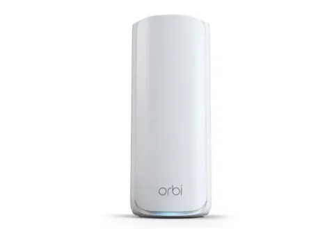 NETGEAR Orbi RBE770 Wi-Fi 7 add-on satellite, single white tower unit, front view