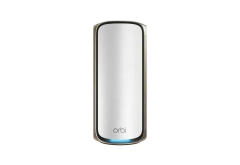 NETGEAR Orbi RBE970 Wi-Fi 7 add-on satellite, white tower with metallic trim, front view