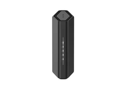 NETGEAR Nighthawk RS100 Wi-Fi 7 router, black slim upright tower, front angle view