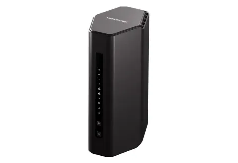 NETGEAR Nighthawk RS300 Wi-Fi 7 router, black upright tower, front angle view