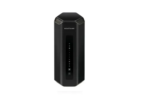 NETGEAR Nighthawk RS700S Wi-Fi 7 router, black upright tower, front view