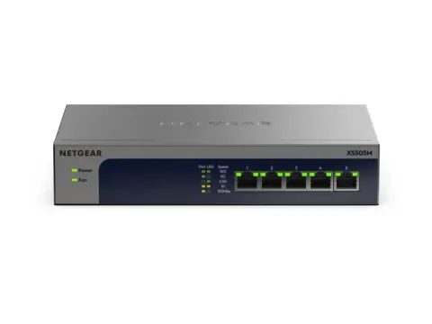 NETGEAR XS505Mv2 10-gig switch, grey metal case with five front ports