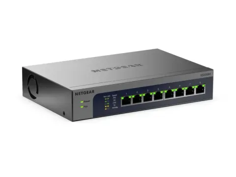 NETGEAR XS508Mv2 10-gig switch, dark grey metal case with eight front ports, front angle view