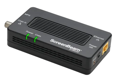 ScreenBeam ECB6250 MoCA 2.5 adapter, black body with coax and Ethernet ports, angled view